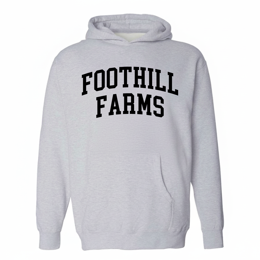 Heather-gray hoodie with the Foothill Farms varsity arched lettering design on the chest.