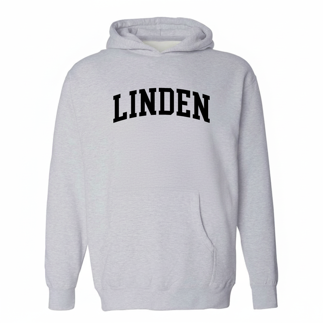 Heather-gray hoodie with the Linden varsity arched lettering design on the chest.