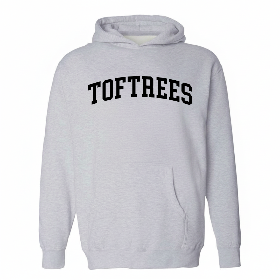 Heather-gray hoodie with the Toftrees arched varsity lettering design on the chest.