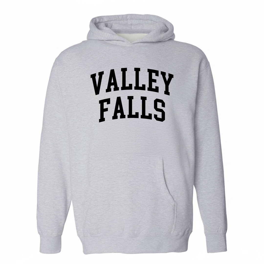 Heather-gray hoodie with the Valley Falls varsity arched lettering design on the chest.