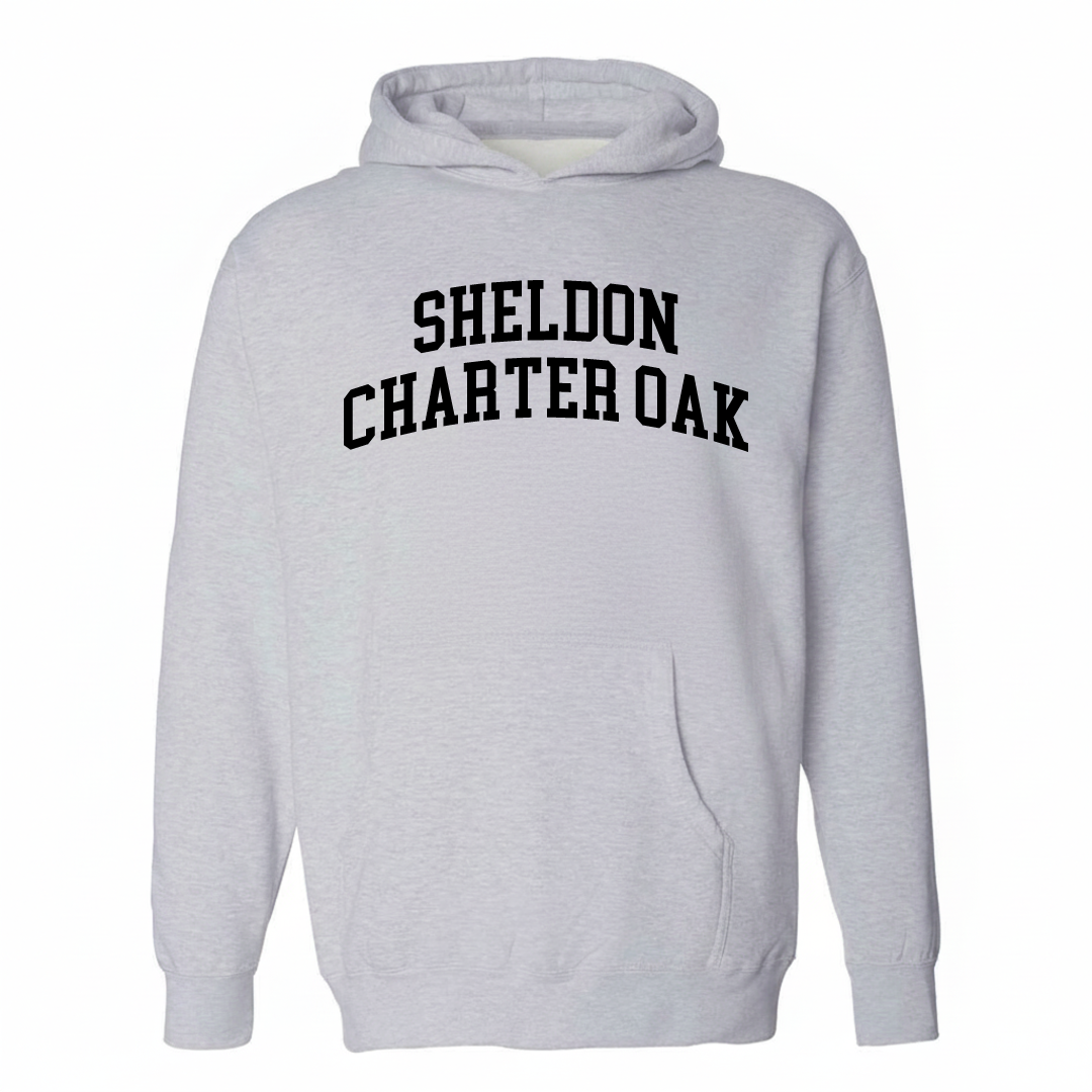 Heather-gray hoodie with the Sheldon-Charter Oak varsity arched lettering design on the chest.