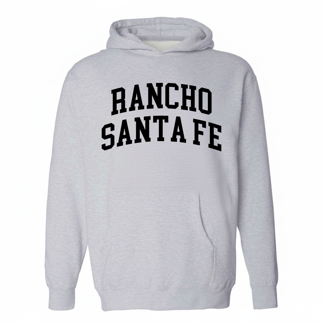 Heather-gray hoodie with the Rancho Santa Fe varsity arched lettering design on the chest.