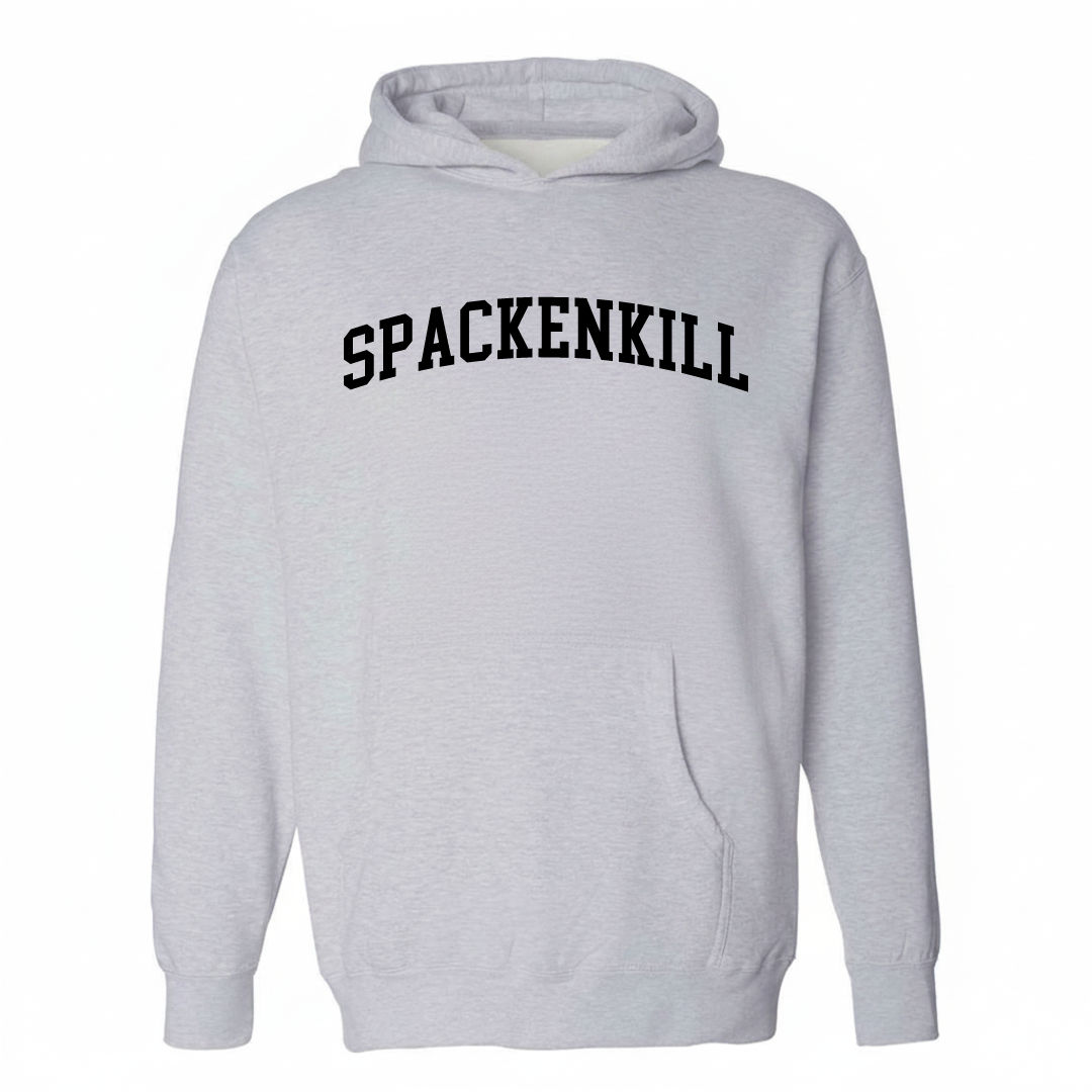 Heather-gray hoodie with the Spackenkill arched lettering varsity-collegiate design on the chest.