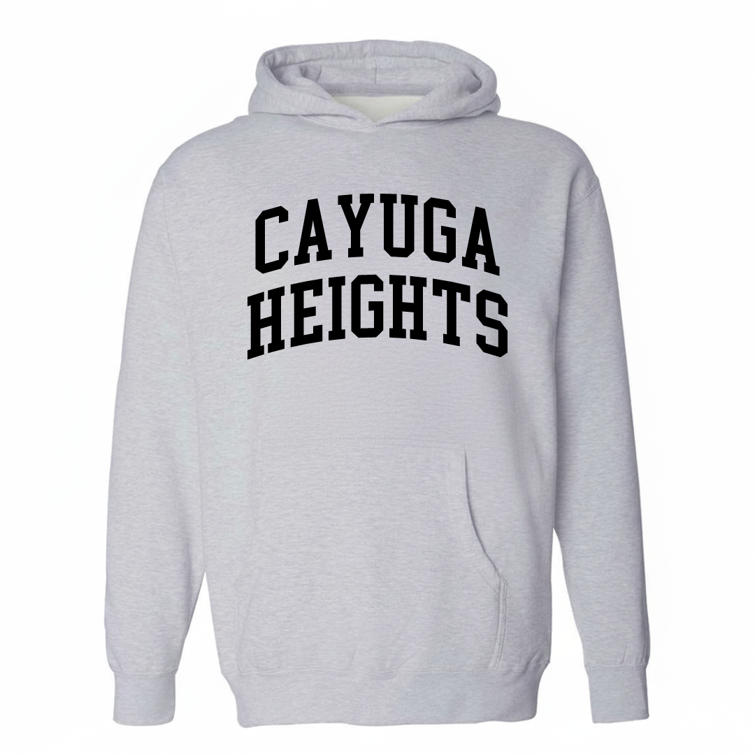 Heather-gray hoodie with the Cayuga Heights varsity arched lettering design on the chest.