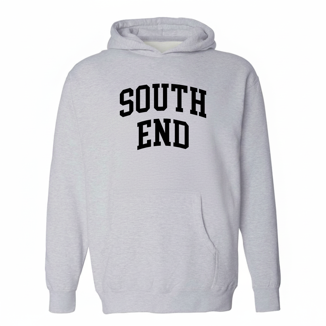 Heather-gray hoodie with the South End arched lettering varsity-collegiate design on the chest.