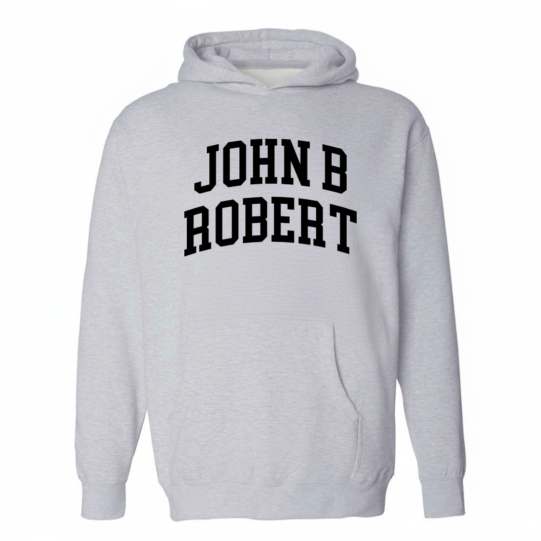 Heather-gray hoodie with the John B Robert varsity arched lettering design on the chest.