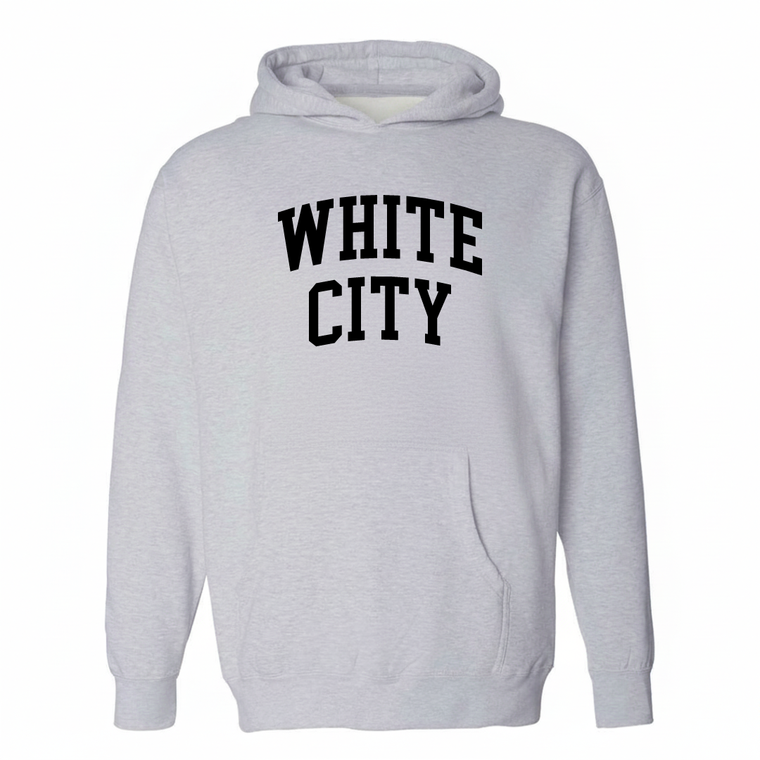 Heather-gray hoodie with the White City varsity arched lettering design on the chest.