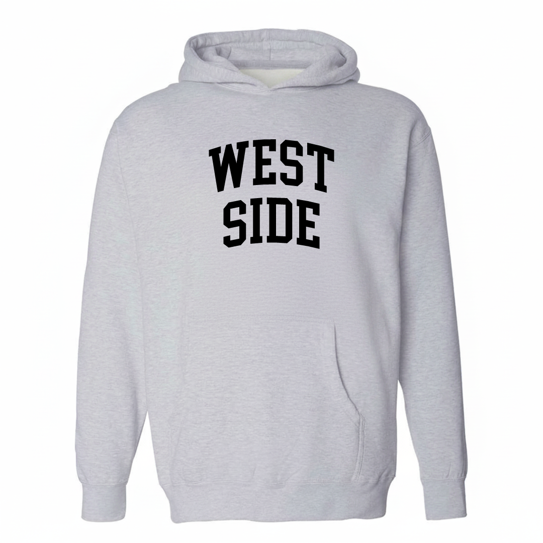 Heather-gray hoodie with the West Side Scranton varsity arched lettering design on the chest.