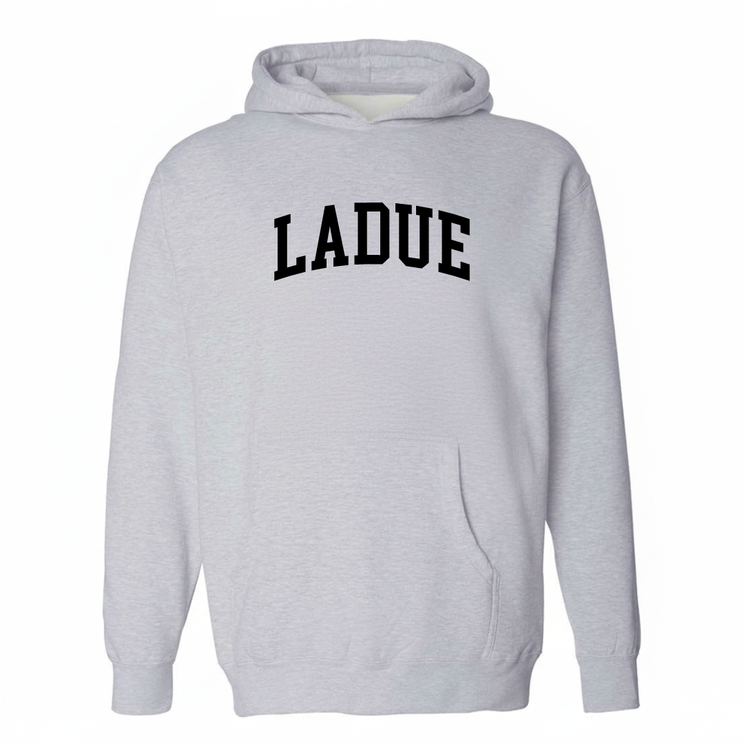 Heather-gray hoodie with the Ladue varsity arched lettering design on the chest.