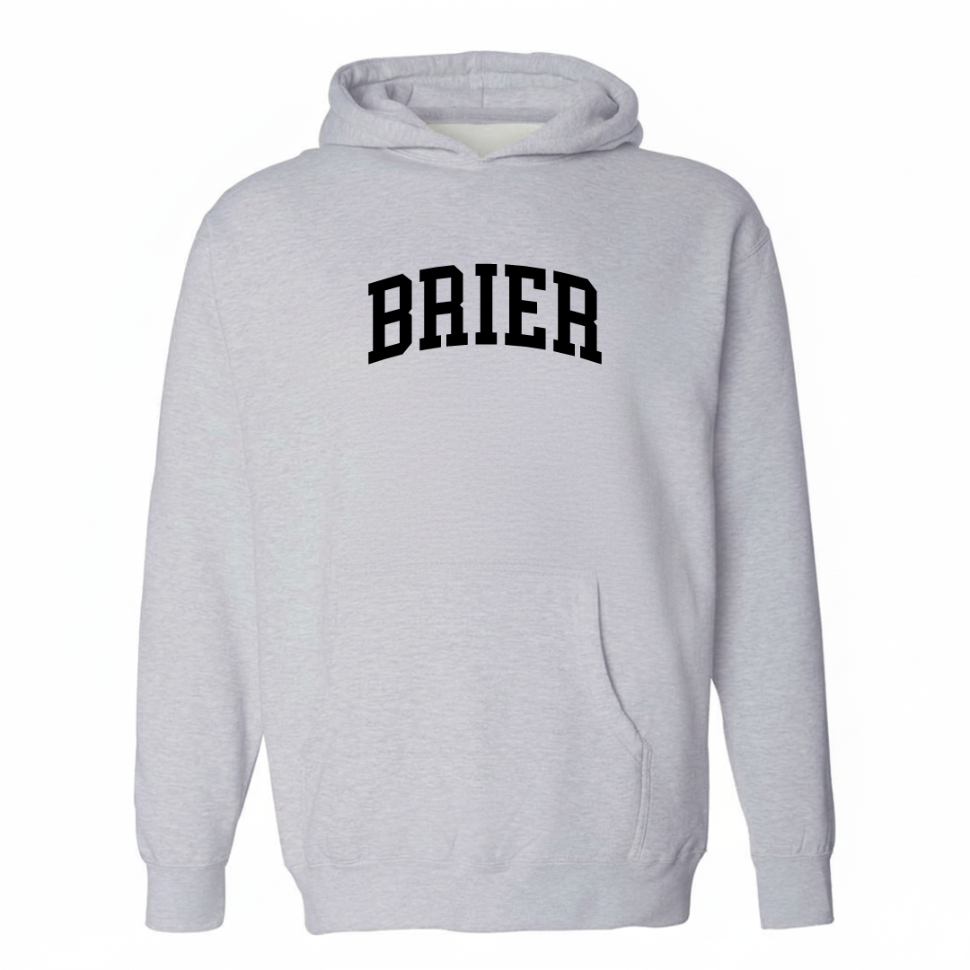 Heather-gray hoodie with the Brier varsity arched lettering design on the chest.