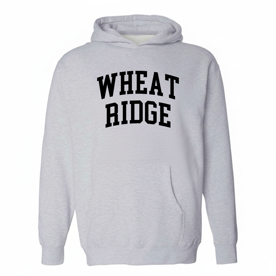 Heather-gray hoodie with the Wheat Ridge varsity arched lettering design on the chest.