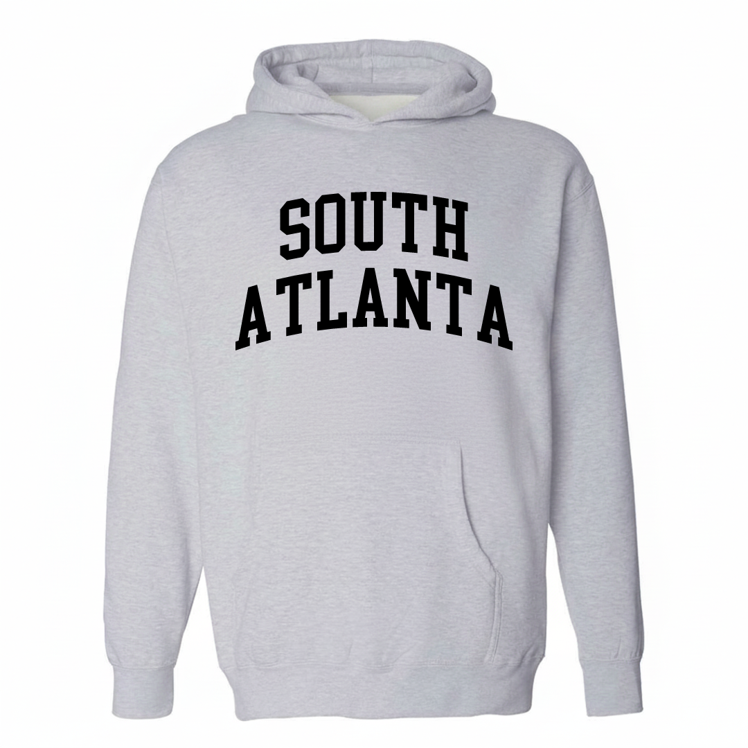 Heather-gray hoodie with the South Atlanta varsity arched lettering design on the chest.