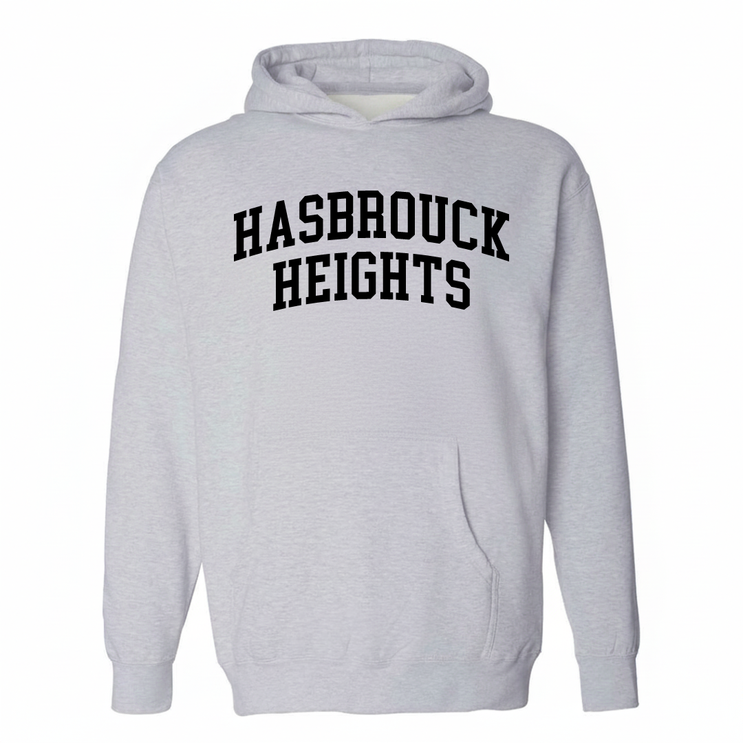 Heather-gray hoodie with the Hasbrouck Heights varsity arched lettering design on the chest.