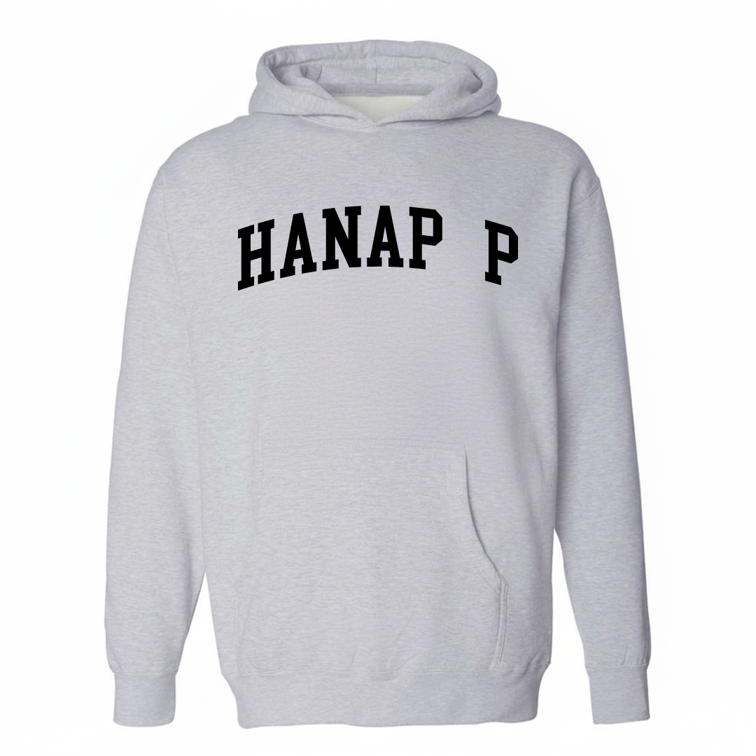 Heather-gray hoodie with the Hanapēpē varsity arched lettering design on the chest.