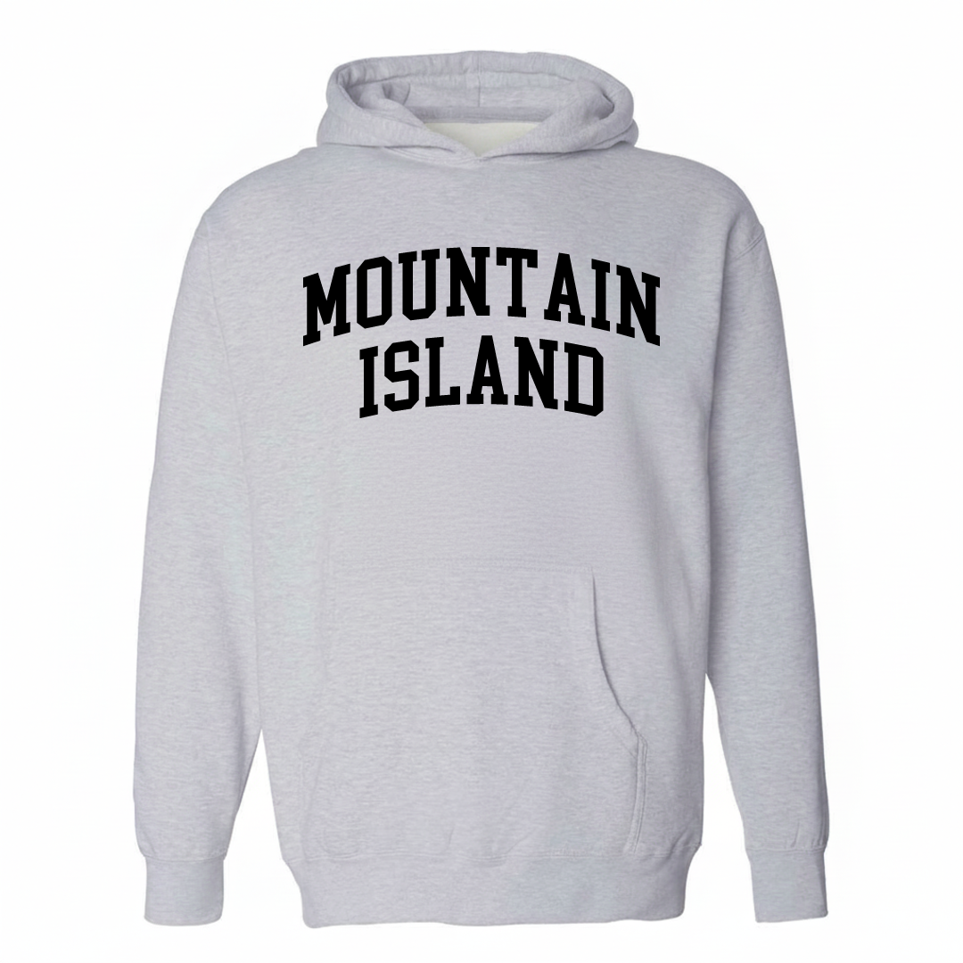 Heather-gray hoodie with the Mountain Island arched lettering varsity-collegiate design on the chest.