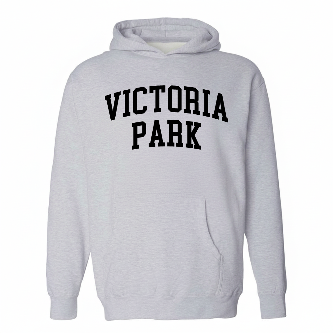 Heather-gray hoodie with the Victoria Park arched lettering design on the chest.