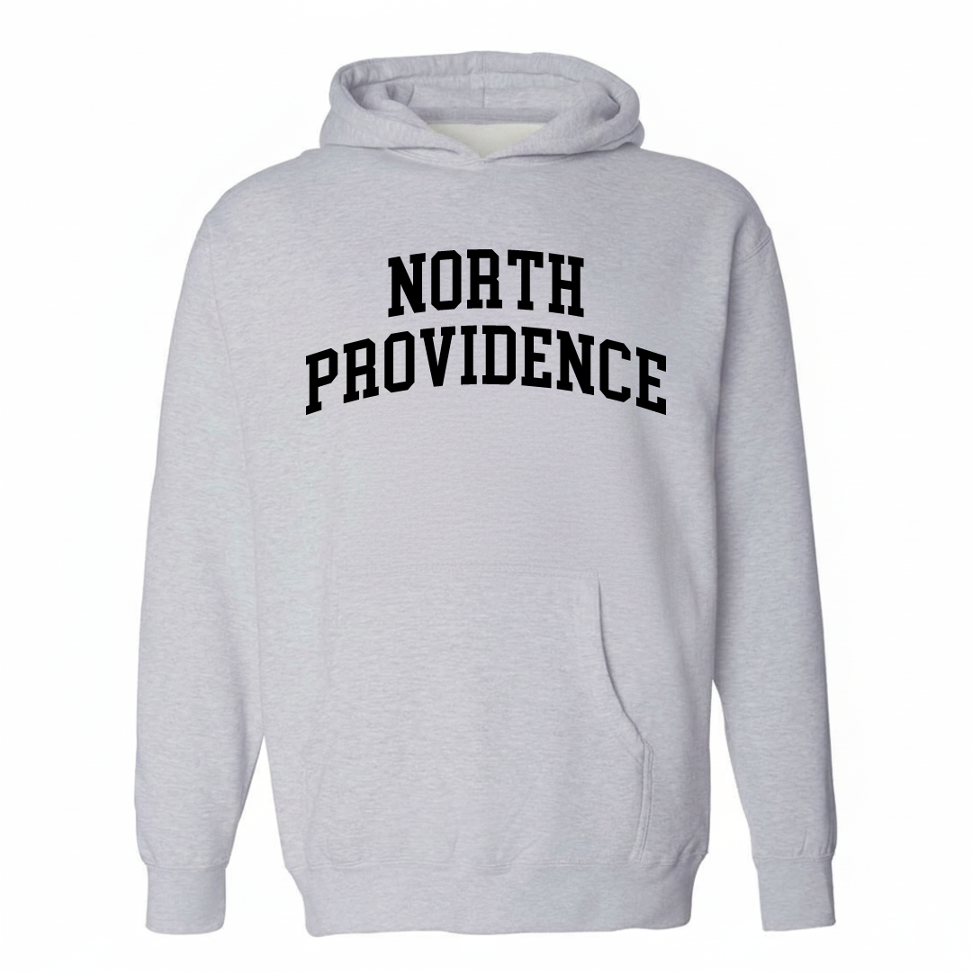 Heather-gray hoodie with the North Providence arched lettering design on the chest.