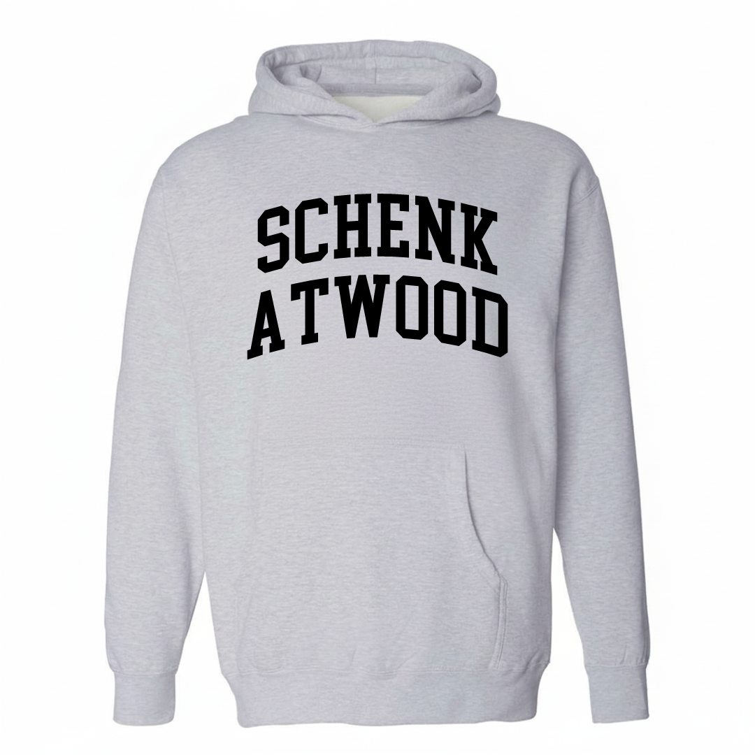 Heather-gray hoodie with the Schenk-Atwood varsity arched lettering design on the chest.
