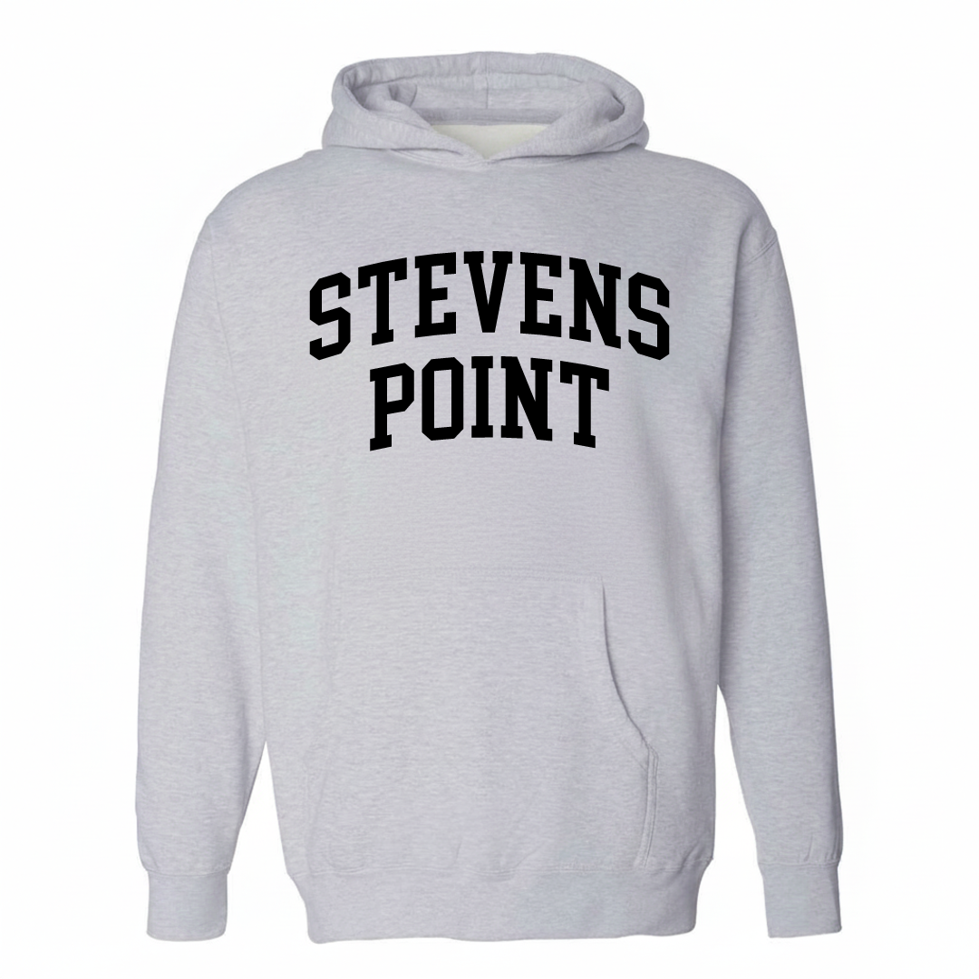 Heather-gray hoodie with the Stevens Point arched varsity lettering design on the chest.