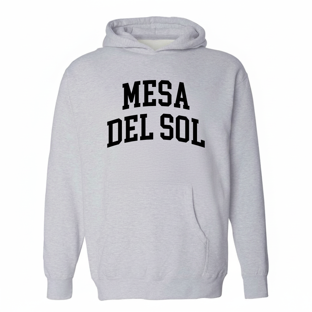 Heather-gray hoodie with the Mesa del Sol arched lettering design on the chest.
