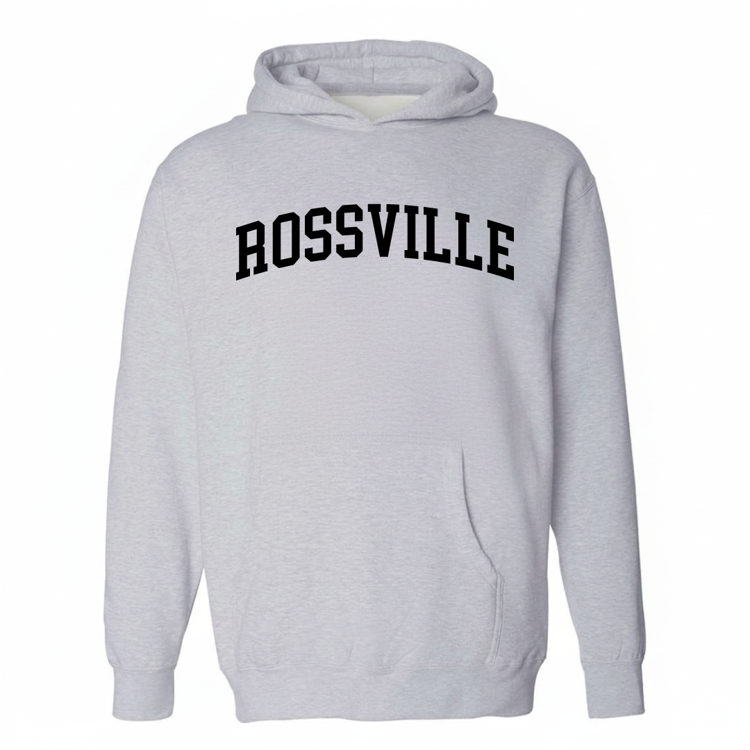 Heather-gray hoodie with the Rossville arched varsity lettering design on the chest.