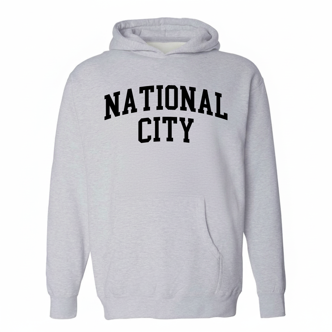 Heather-gray hoodie with the National City varsity arched lettering design on the chest.