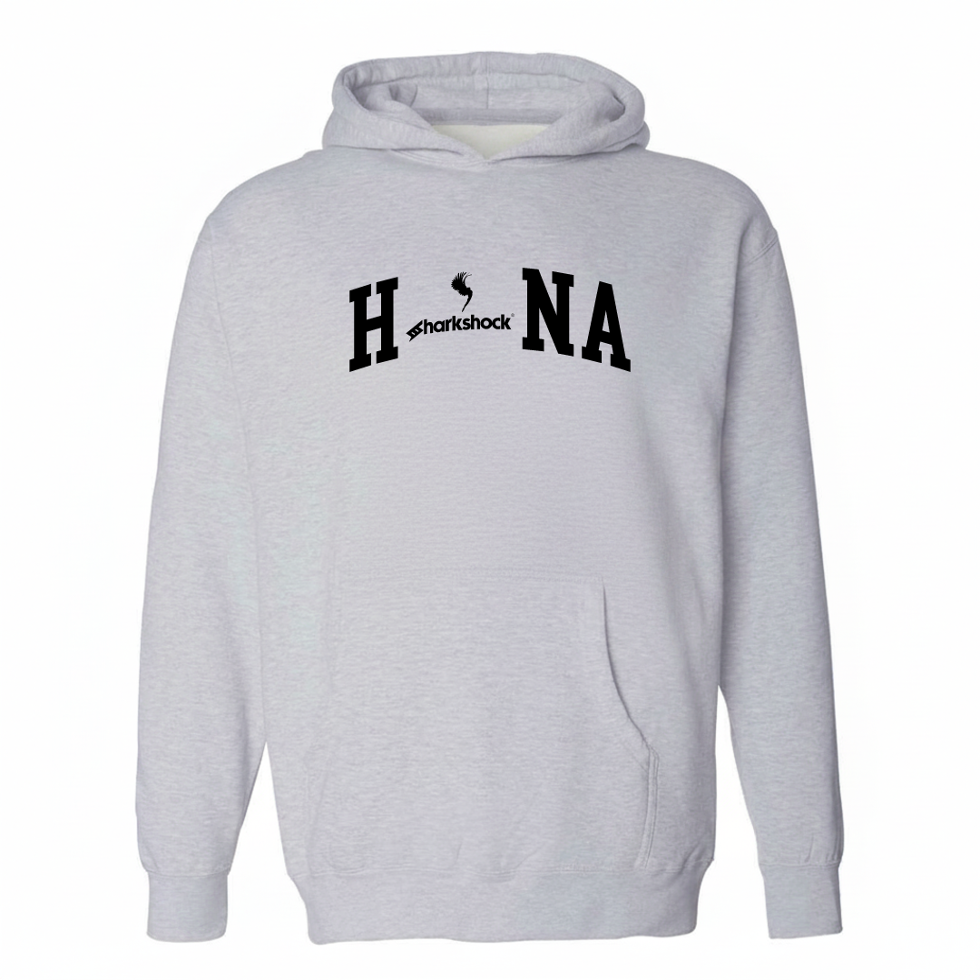 Heather-gray hoodie with the Hāna varsity arched lettering design on the chest.