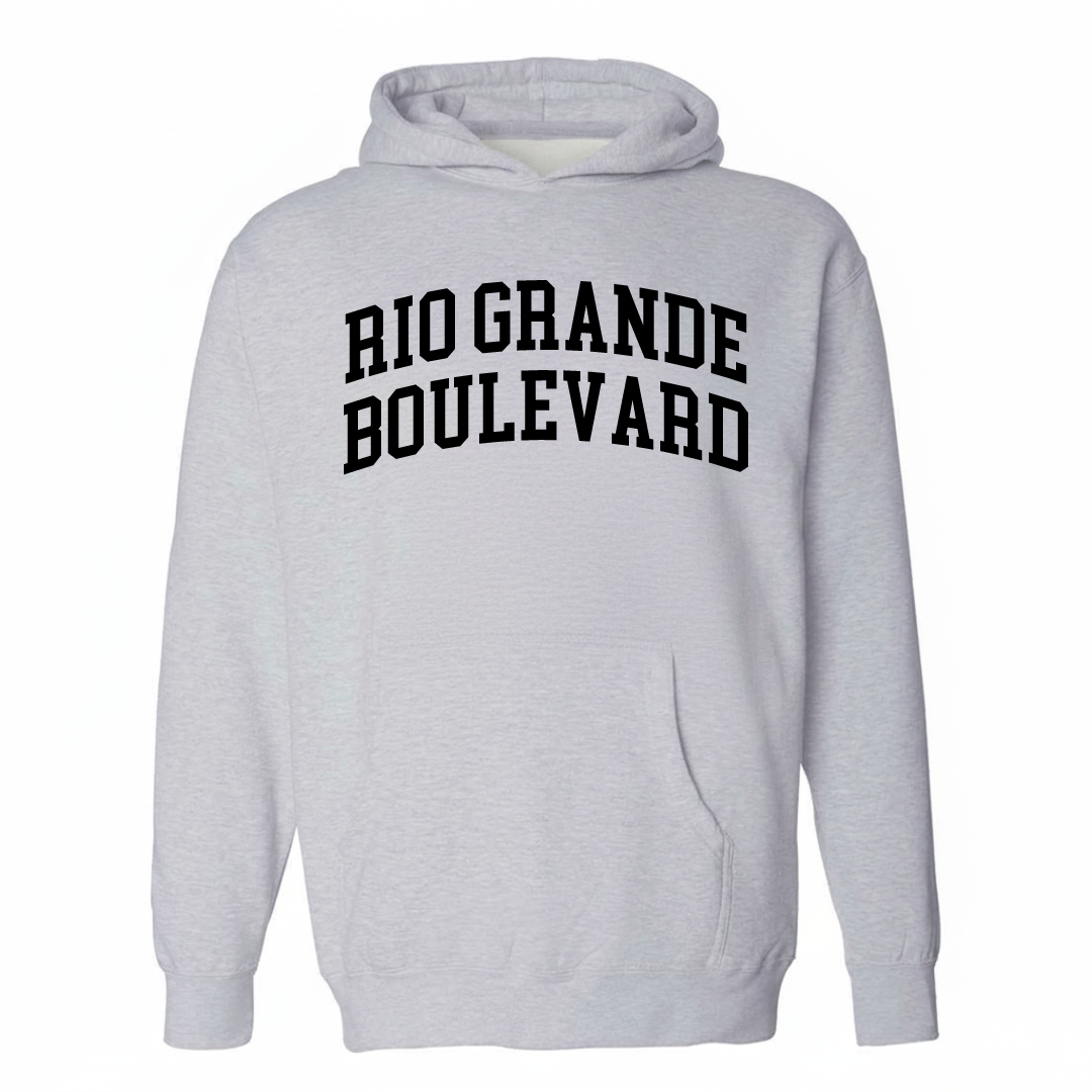 Heather-gray hoodie with the Rio Grande Boulevard arched lettering design on the chest.