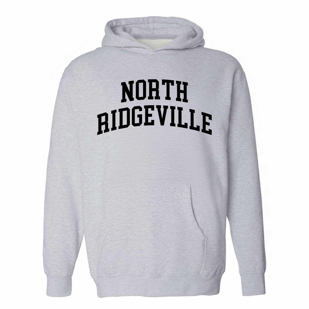 Heather-gray hoodie with the North Ridgeville varsity arched lettering design on the chest.