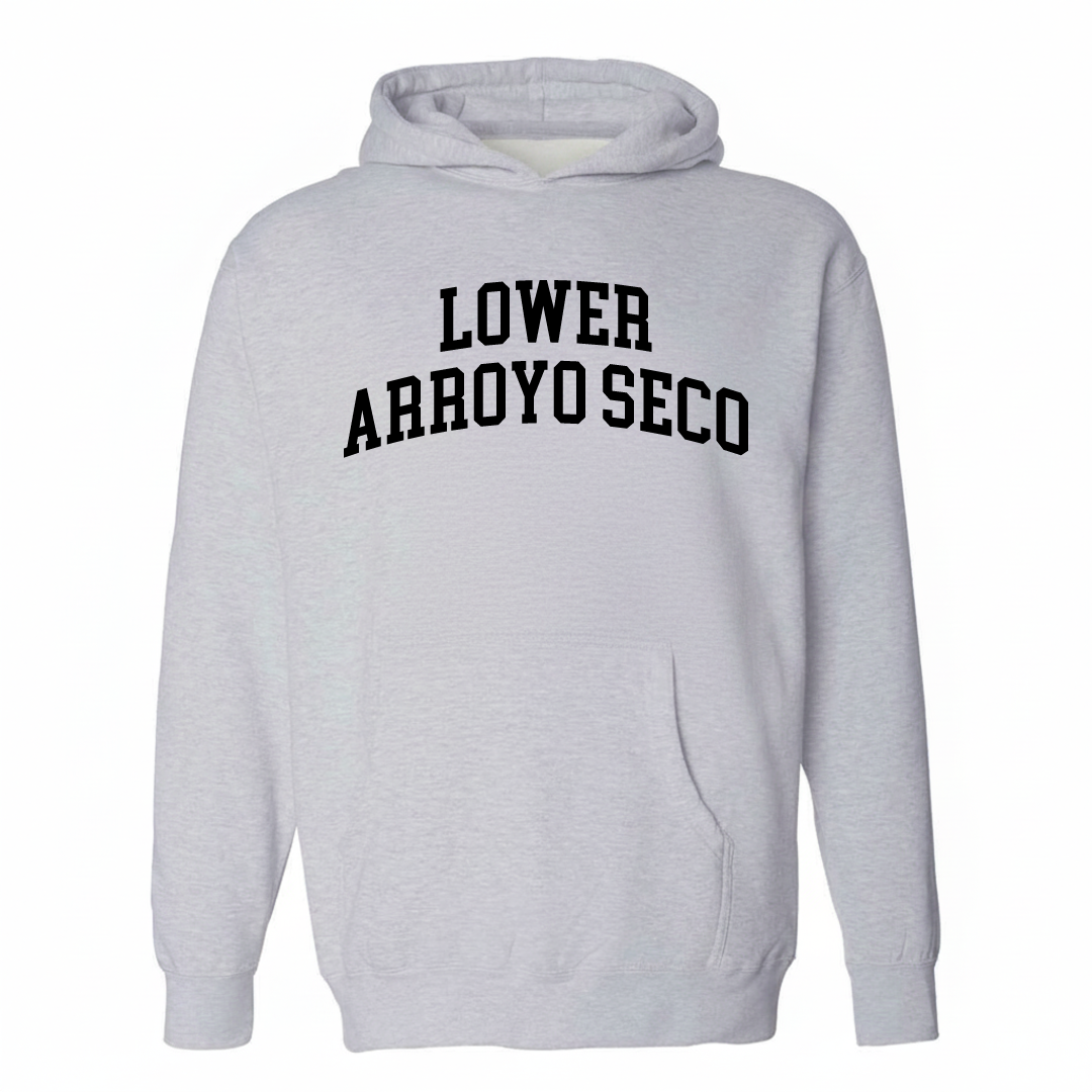 Heather-gray hoodie with the Lower Arroyo Seco varsity arched lettering design on the chest.
