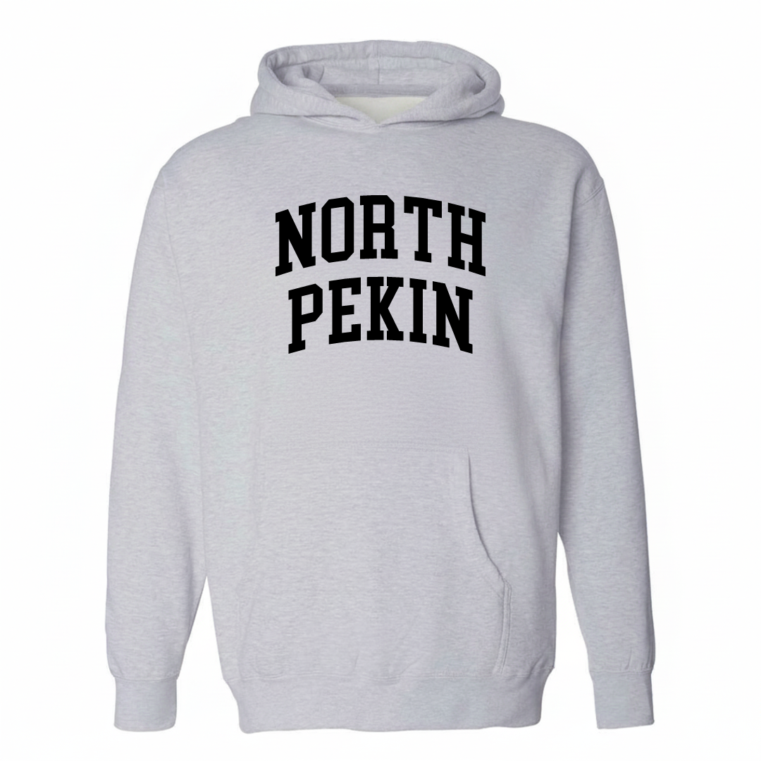 Heather-gray hoodie with the North Pekin varsity arched lettering design on the chest.