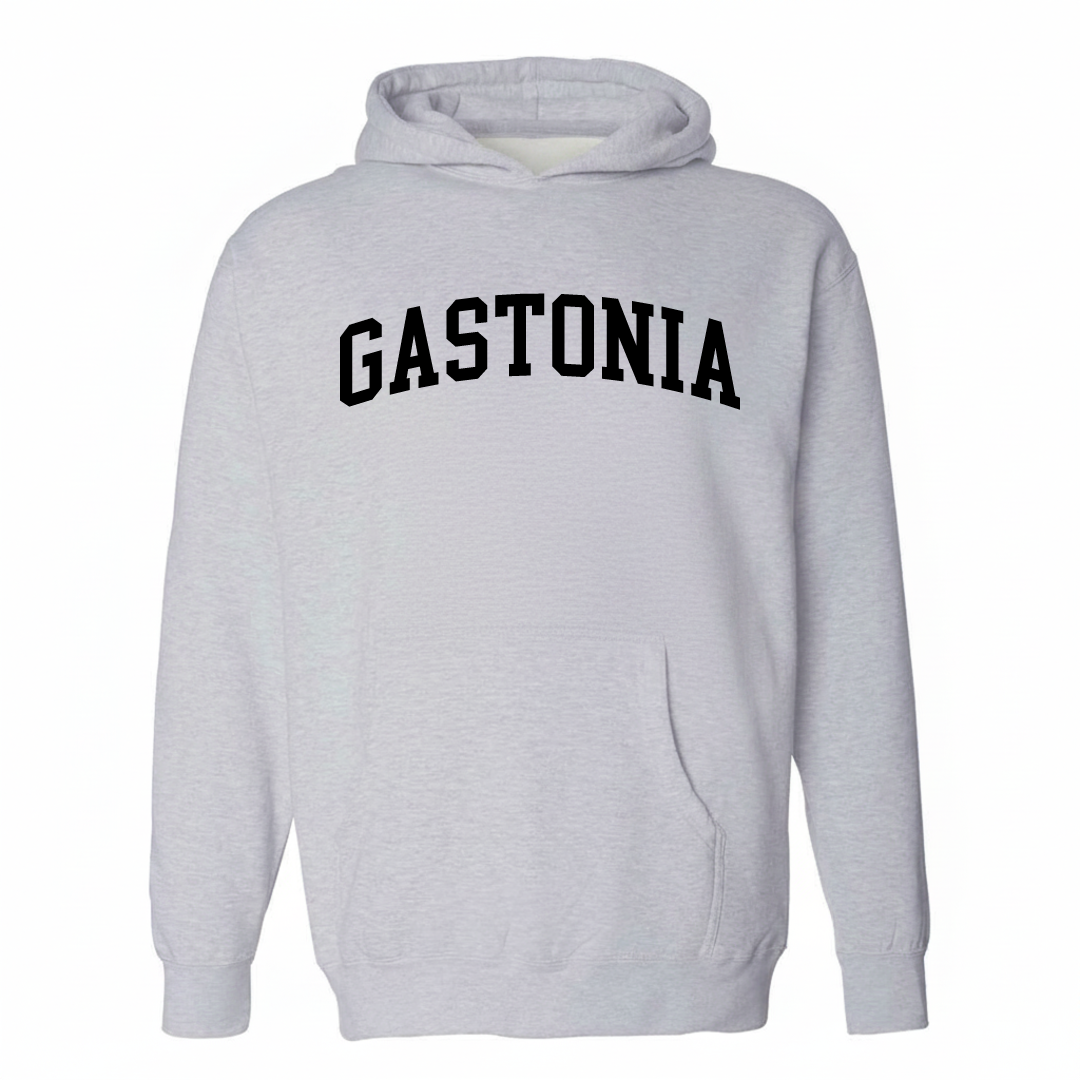 Heather-gray hoodie with the Gastonia varsity arched lettering design on the chest.