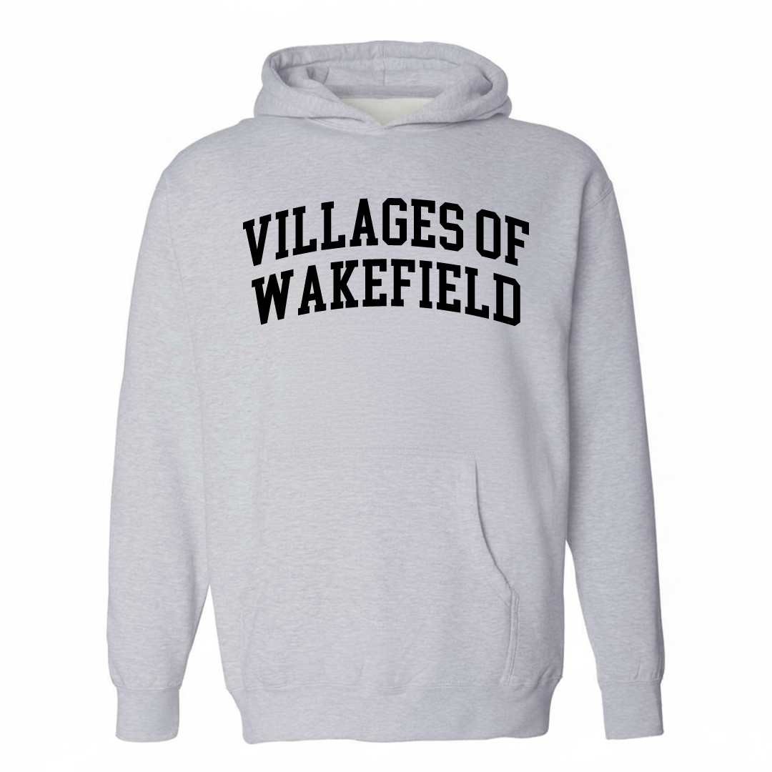 Heather-gray hoodie with the Villages of Wakefield varsity arched lettering design on the chest.