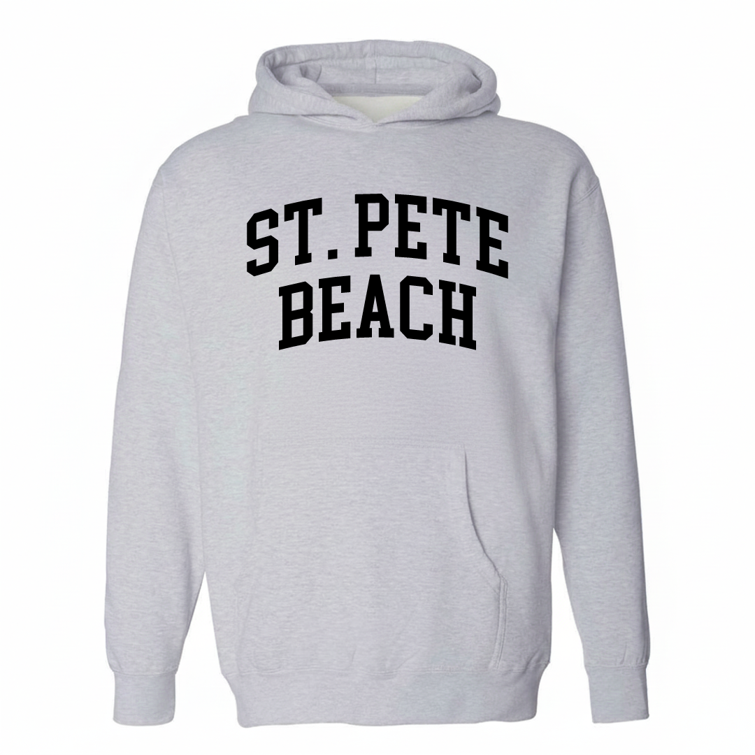Heather-gray hoodie with the St. Pete Beach varsity arched lettering design on the chest.