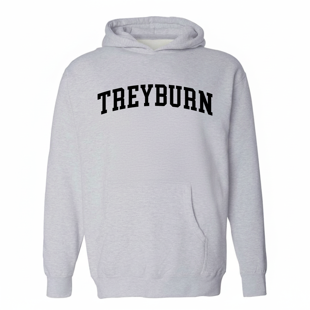 Heather-gray hoodie with the Treyburn varsity arched lettering design on the chest.