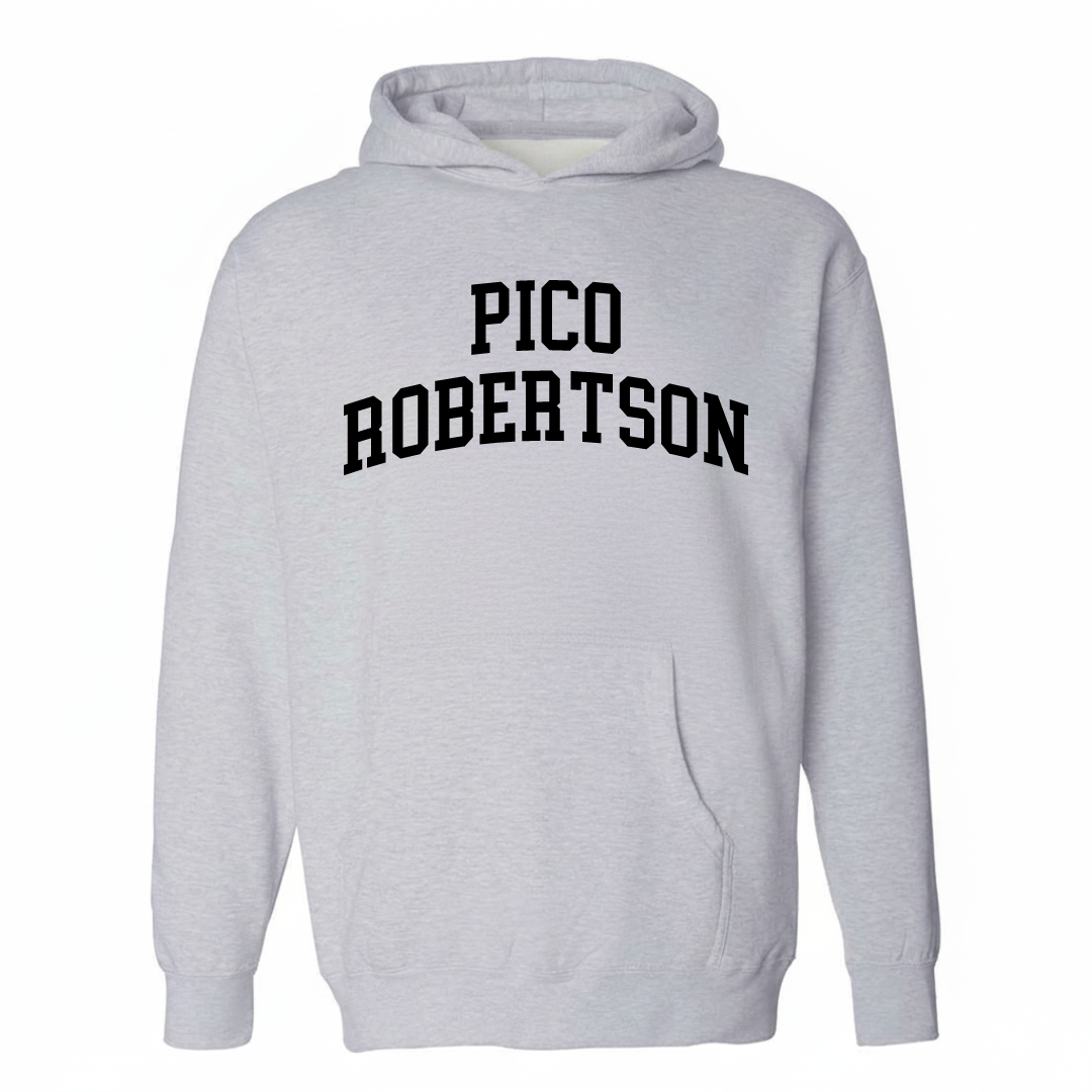Heather-gray hoodie with the Pico-Robertson arched varsity lettering design on the chest.