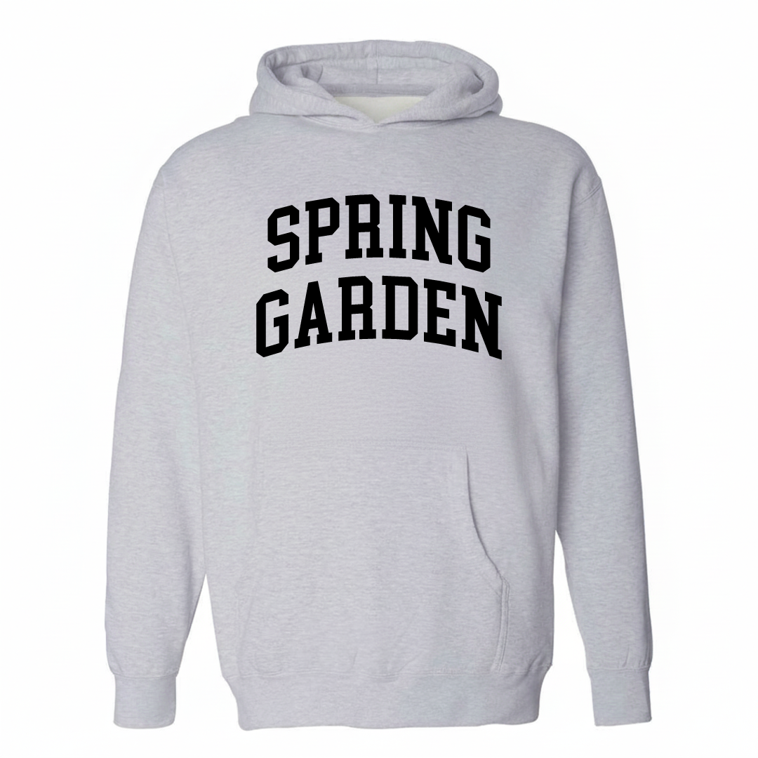 Heather-gray hoodie with the Spring Garden arched varsity lettering design on the chest.