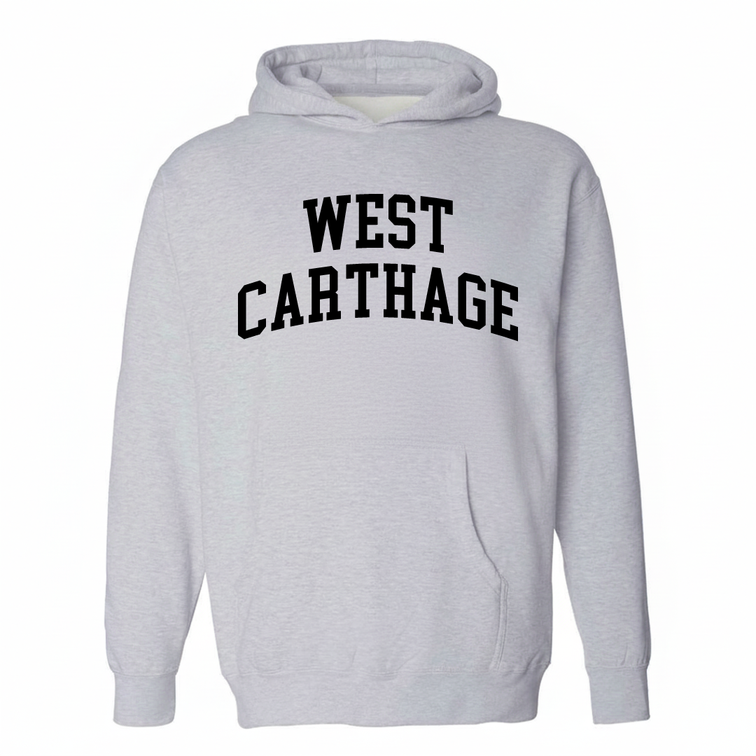 Heather-gray hoodie with the West Carthage varsity arched lettering design on the chest.