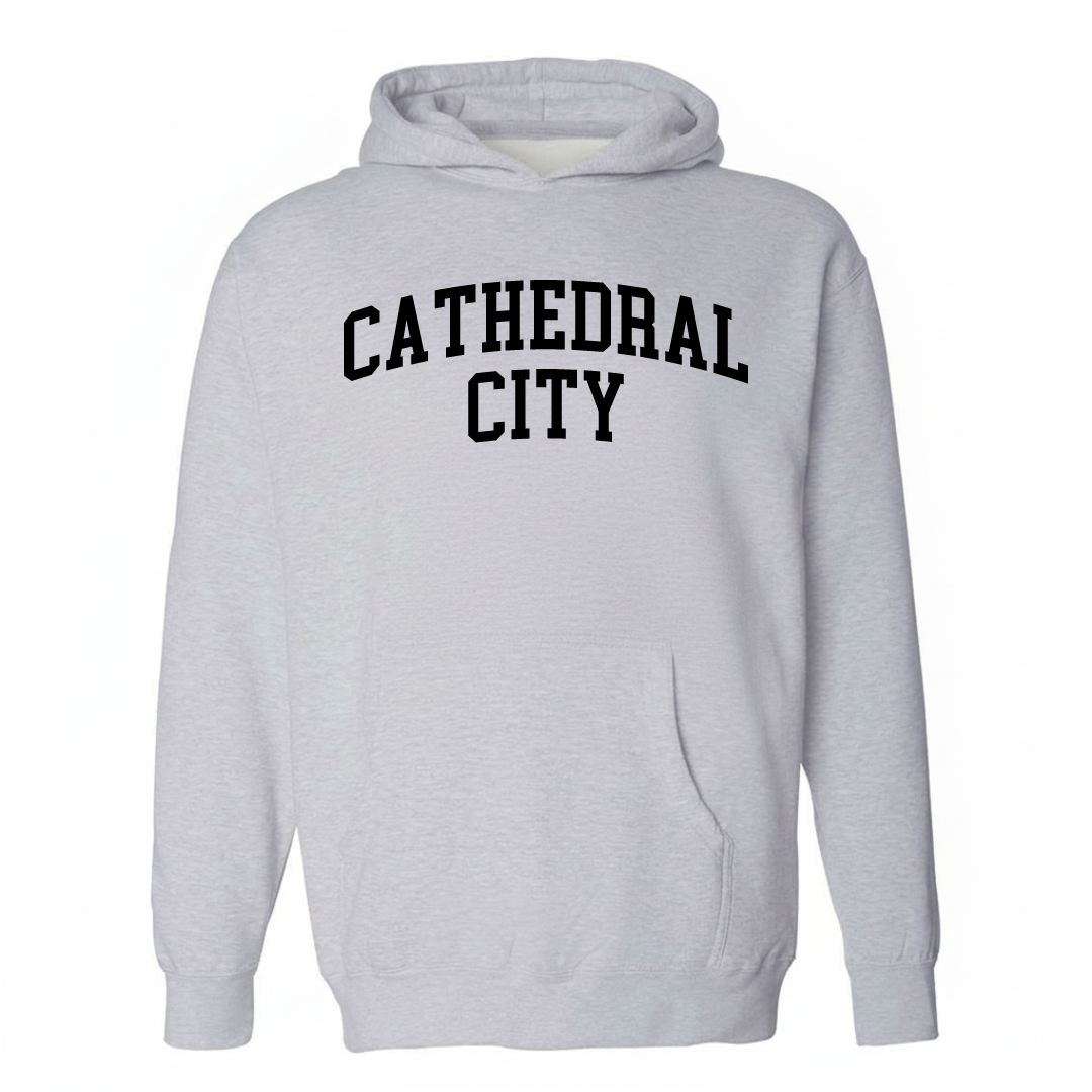 Heather-gray hoodie with the Cathedral City varsity arched lettering design on the chest.