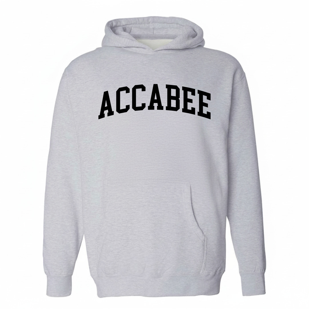 Heather-gray hoodie with the Accabee varsity arched lettering design on the chest.