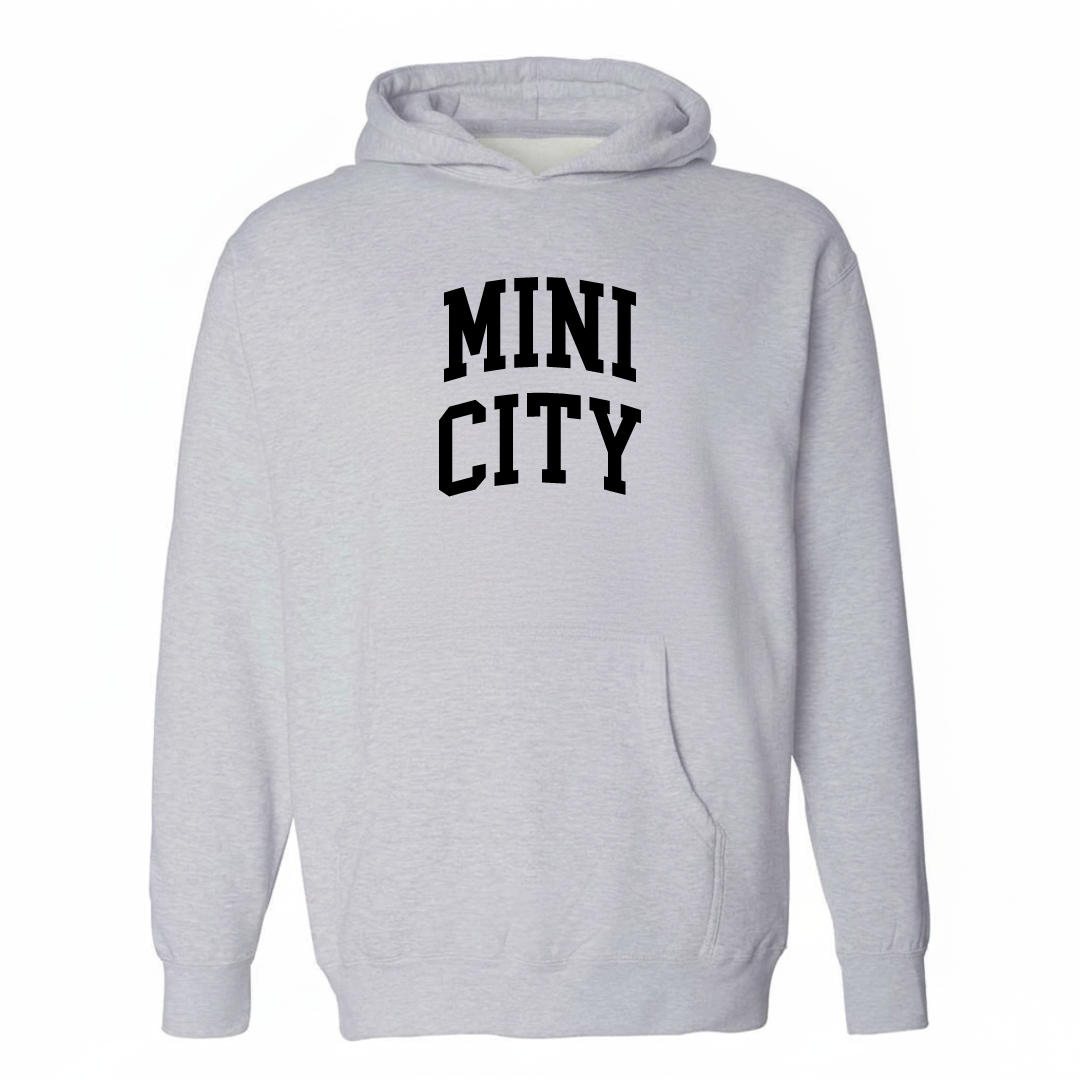 Heather-gray hoodie with the Mini City arched lettering design on the chest.