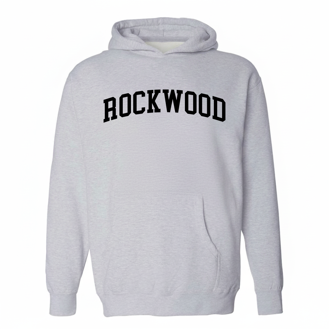 Heather-gray hoodie with the Rockwood varsity arched lettering design on the chest.