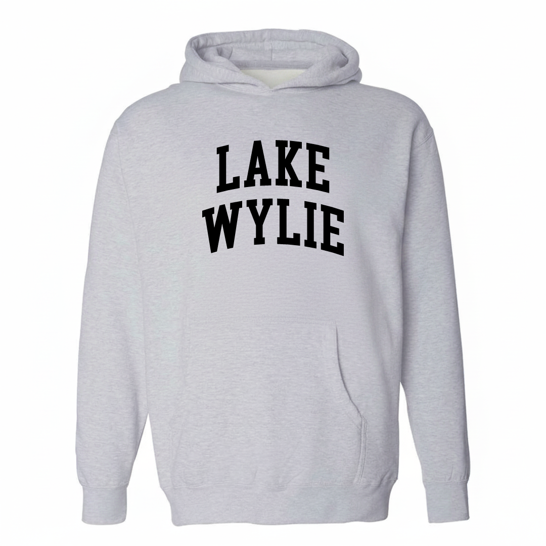 Heather-gray hoodie with the Lake Wylie varsity arched lettering design on the chest.