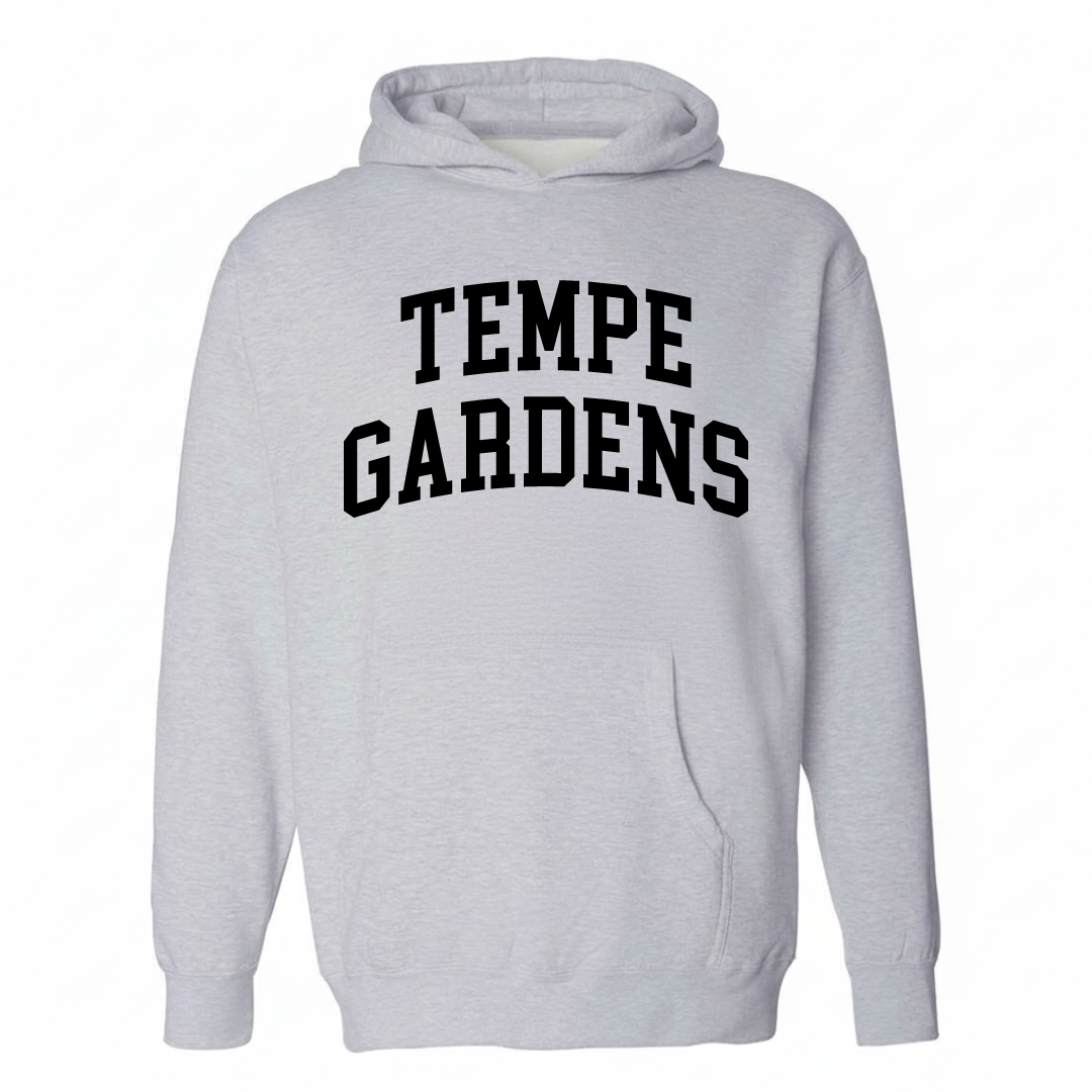 Heather-gray hoodie with the Tempe Gardens varsity arched lettering design on the chest.