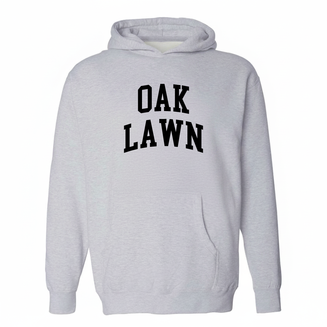 Heather-gray hoodie with the Oak Lawn arched lettering varsity-collegiate design on the chest.