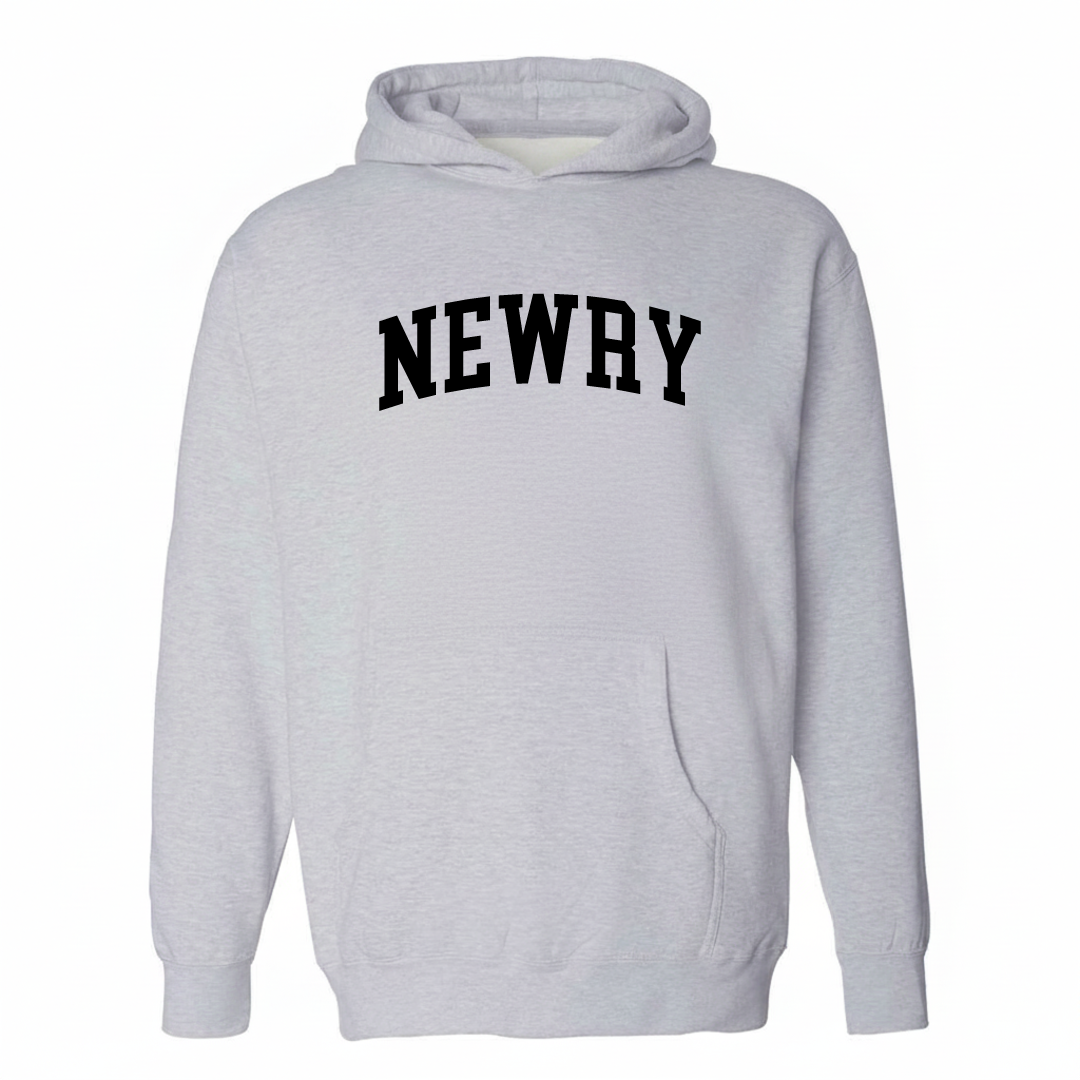 Heather-gray hoodie with the Newry arched lettering varsity-collegiate design on the chest.