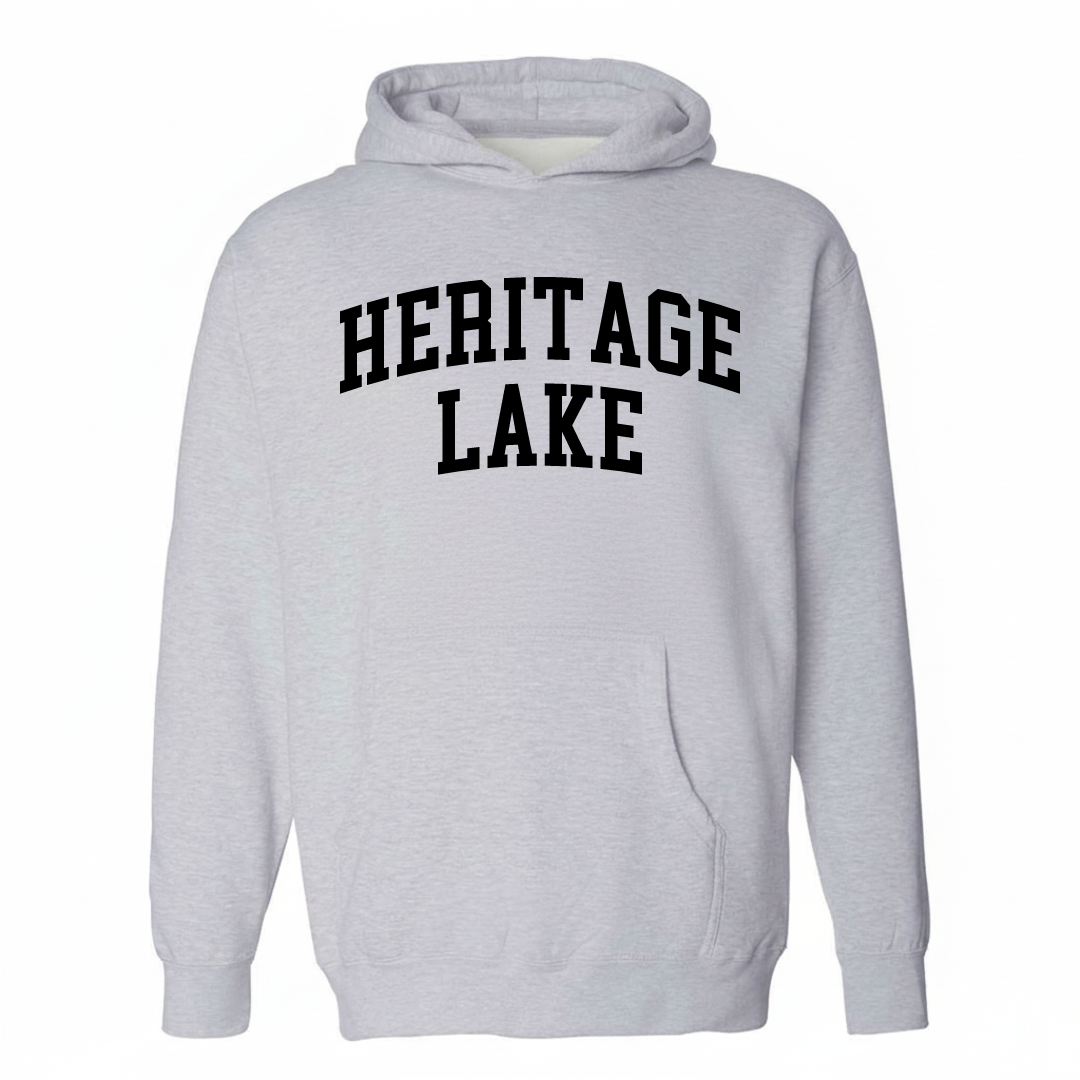 Heather-gray hoodie with the Heritage Lake varsity arched lettering design on the chest.