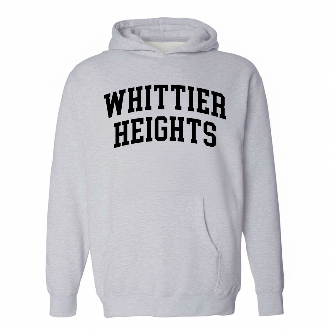 Heather-gray hoodie with the Whittier Heights varsity arched lettering design on the chest.