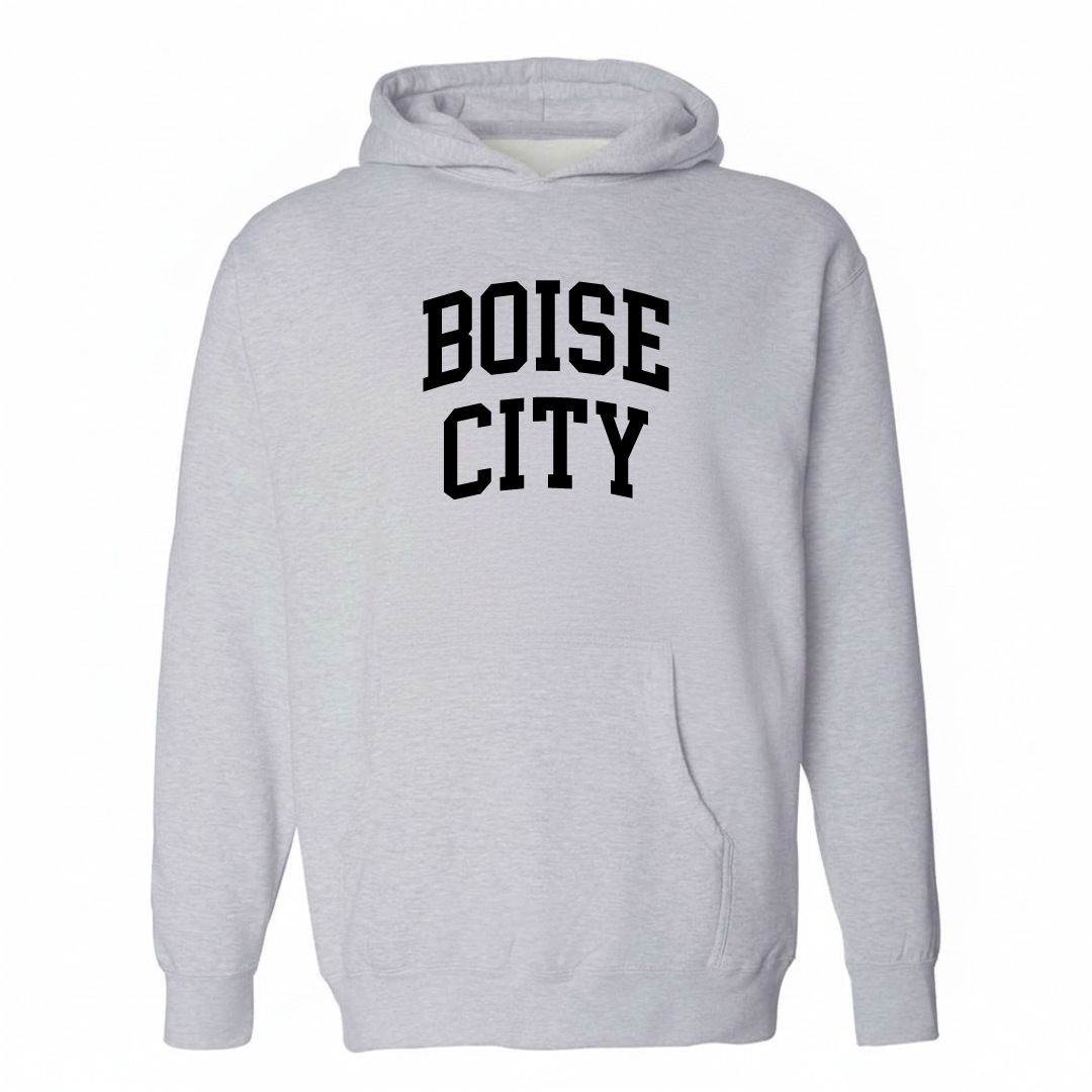 Heather-gray hoodie with the Boise City varsity arched lettering design on the chest.