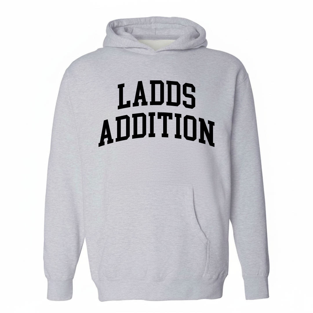 Heather-gray hoodie with the Ladd's Addition varsity arched lettering design on the chest.